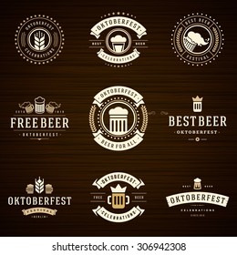 Beer festival Oktoberfest celebrations retro style labels, badges and logos set with beer mug on wooden background. Vector illustration.