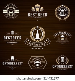 Beer festival Oktoberfest celebrations retro style labels, badges and logos set with beer mug on wooden background. Vector illustration.