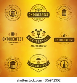 Beer festival Oktoberfest celebrations typography retro style labels, badges and logos set with beer mug on blurred background. Vector illustration.