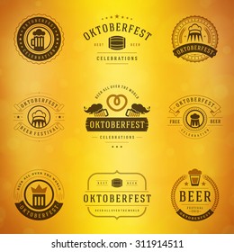 Beer festival Oktoberfest celebrations typography retro style labels, badges and logos set with beer mug on blurred background. Vector illustration.