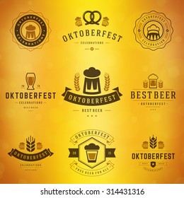 Beer festival Oktoberfest celebrations typography retro style labels, badges and logos set with beer mug on blurred background. Vector illustration.