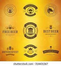 Beer festival Oktoberfest celebrations typography retro style labels, badges and logos set with beer mug on blurred background. Vector illustration.