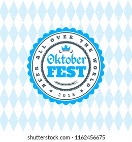 Beer festival Oktoberfest celebrations. Vintage beer badge on the traditional Bavarian linen flag background