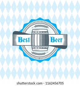 Beer festival Oktoberfest celebrations. Vintage beer badge on the traditional Bavarian linen flag background