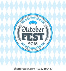 Beer festival Oktoberfest celebrations. Vintage beer badge on the traditional Bavarian linen flag background