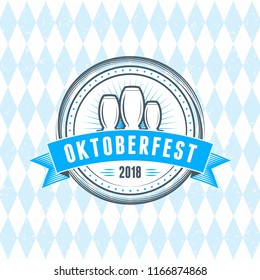 Beer festival Oktoberfest celebrations. Vintage beer badge on the traditional Bavarian linen flag background