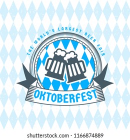 Beer festival Oktoberfest celebrations. Vintage beer badge on the traditional Bavarian linen flag background