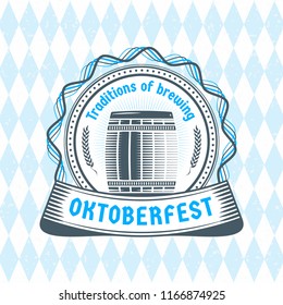 Beer festival Oktoberfest celebrations. Vintage beer badge on the traditional Bavarian linen flag background