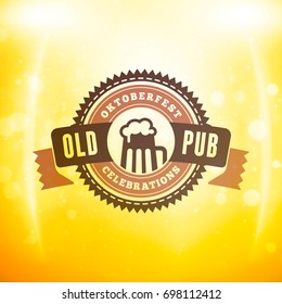 Beer festival Oktoberfest celebrations. Vintage beer badge on the golden beer background with light effects. Vector design element