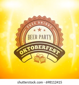 Beer festival Oktoberfest celebrations. Vintage beer badge on the golden beer background with light effects. Vector design element