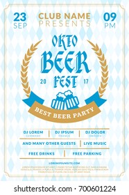 Beer festival Oktoberfest celebrations. Vintage beer label on the traditional Bavarian linen flag background. Typography poster or flyer template for beer party