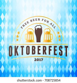 Beer festival Oktoberfest celebrations. Vintage beer badge on the traditional Bavarian flag background wuth light effect