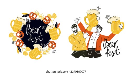 Bierfestival und Oktoberfest-Embleme oder -Abzeichen, die von einem Mann mit Bierglas und dekorativem Abzeichen mit Pflanzenelementen, flache Vektorgrafik einzeln auf weißem Hintergrund gesetzt werden.