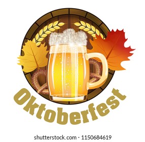 Beer Festival Oktoberfest in Germany Emblem for poster or banner with with fresh lager beer, barrel and pretzels, maple leafs. Vector illustration.