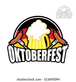 Beer Festival Oktoberfest in Germany. Beer mug on background of German flag. And sausage with fork. Vector illustration for a holiday