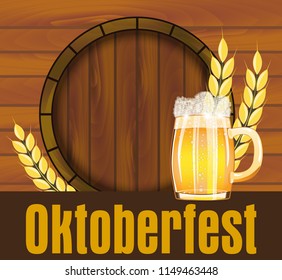 Beer festival Oktoberfest in Germany poster with with fresh lager beer and barrel on wooden plank. Vector illustration.