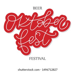 Beer Festival Oktoberfest handwritten text. Holiday lettering. Oktoberfest text banner in red colors. Vector for photo overlay, banner, poster, greeting card, party invitation.