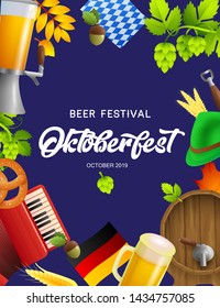 Beer festival Oktoberfest lettering and accordion. Festive banner design with accordion, flag, barrel on dark blue background. Lettering can be used for invitations, advertising, announcements