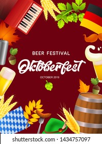 Beer festival Oktoberfest lettering and beer attributes. Festive banner design with accordion, flag, barrel on dark red background. Lettering can be used for invitations, advertising, announcements