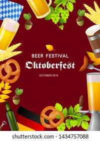 Beer festival Oktoberfest lettering and fest attributes. Festive banner design with pretzel, flag, beer tap on dark red background. Lettering can be used for invitations, advertising, announcements