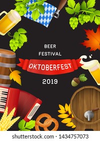 Beer festival Oktoberfest lettering on red streamer and fest symbols. Festive banner design with mug, accordion on black background. Lettering can be used for invitations, advertising, announcements