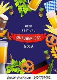 Beer festival Oktoberfest lettering on red streamer and attributes. Festive banner design with beer mug, barrel on blue background. Lettering can be used for invitations, advertising, announcements