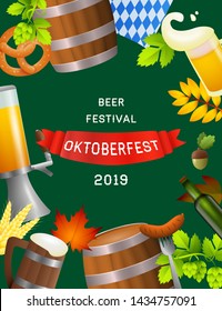 Beer festival Oktoberfest lettering on red streamer and fest attributes. Festive banner design with barrel on dark green background. Lettering can be used for invitations, advertising, announcements