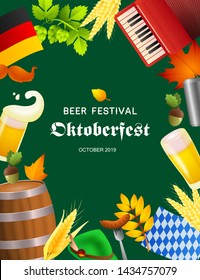 Beer festival Oktoberfest lettering and its symbols. Festive banner design with beer mug, accordion, barrel on dark green background. Lettering can be used for invitations, advertising, announcements