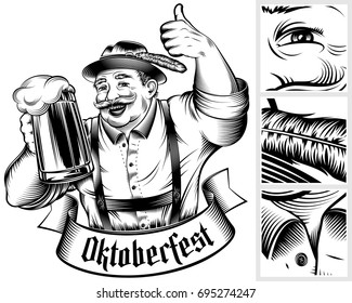 Beer festival Oktoberfest. Man holding beer glass with foamy lager. The thumbs-up gesture. Traditional German Bavarian clothes. A hat Trachtenhut, pants Lederhosen. Vector monochrome ink hand drawing