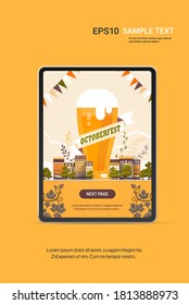 beer festival Oktoberfest party celebration concept greeting card on c tablet pc screen copy space vertical vector illustration
