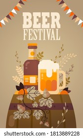 beer festival Oktoberfest party celebration concept lettering greeting card or flyer vertical banner or poster vector illustration