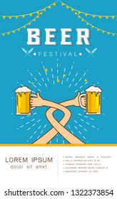 Beer festival, party event vertical poster. Two hands holding the beer  beer glass. Vector illustration in cute cartoon flat style