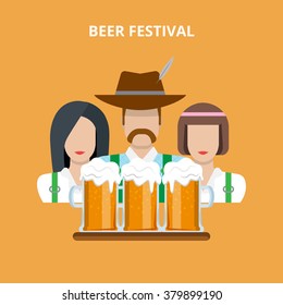 Beer festival party holiday fest. Oktoberfest servant people and glasses flat concept web site vector illustration.