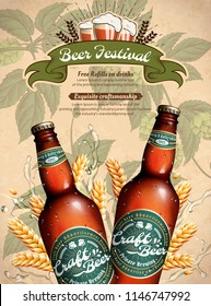 Beer Festival poster with 3d illustration product and wheat on engraved hops flower background