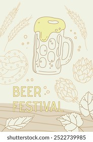 Beer festival poster background hand drawn outline illustration. Vector engraving postcard template for web, poster, invitation to beer party.