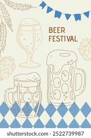 Beer festival poster background hand drawn outline illustration. Vector engraving postcard template for web, poster, invitation to beer party.