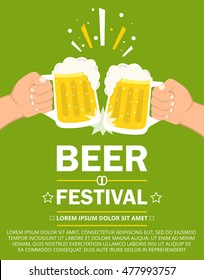 Beer festival poster or flyer template. Two hands holding beer glasses. Flat vector illustration.