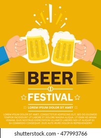 Beer festival poster or flyer template. Two hands holding beer glasses. Flat vector illustration.
