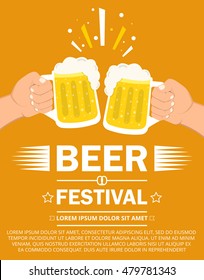 Beer festival poster or flyer template. Two hands holding beer glasses. Flat vector illustration.