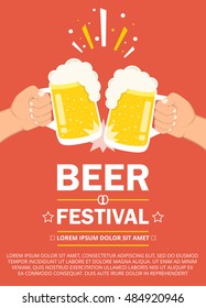 Beer festival poster or flyer template. Two hands holding beer glasses. Flat vector illustration.