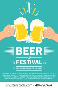 Beer festival poster or flyer template. Two hands holding beer glasses. Flat vector illustration.