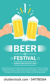 Beer festival poster or flyer template. Two hands holding beer glasses. Flat vector illustration.