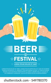 Beer festival poster or flyer template. Two hands holding beer glasses. Flat vector illustration.