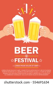 Beer festival poster or flyer template. Two hands holding beer glasses. Flat vector illustration.