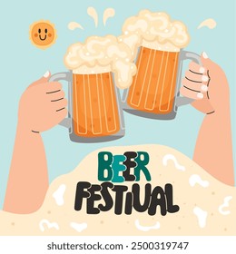 Beer festival poster with hands holding toasting glasses.Cartoon card with hand written and mugs filled with foaming drink.Vector design for banner template,flyer,background,Oktoberfest celebration. 