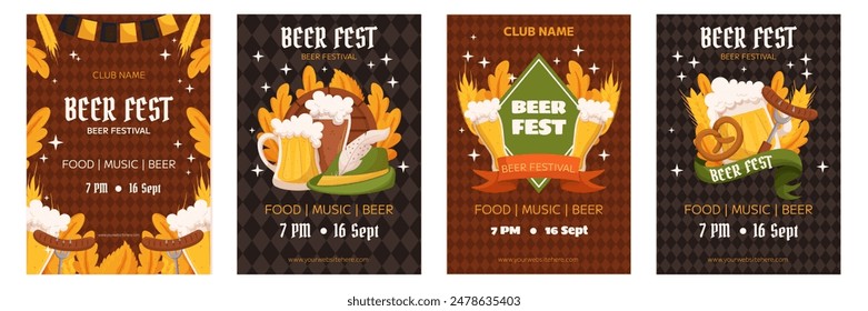 Beer festival poster invitation collection template. Design with glass of beer, wheat and leaves, banner ribbon and other festive objects on dark rhombus background