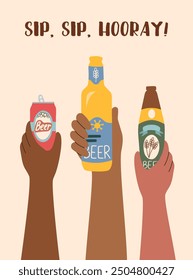 Beer festival poster. Oktoberfest concept. Oktoberfest background. Beer concept. Hands with beer bottles.