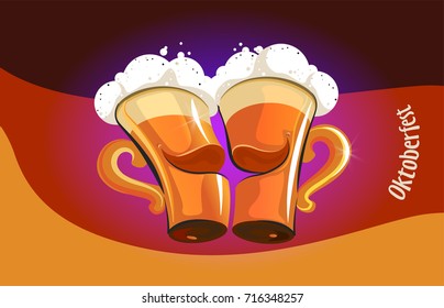 Beer festival poster with refreshing beverage isolated on wooden plank, oktoberfest means beer festival in German