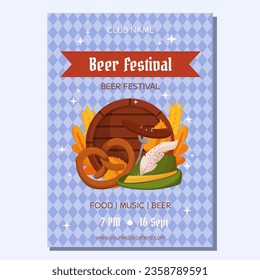 Beer festival poster template. Design with Tyrolean hat, fork with grilled sausage, pretzel, wooden barrel, wheat and leaves. Light blue rhombus pattern