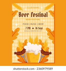 Beer festival poster template. Design with glass of beer, forks with grilled sausage, wheat and leaves. Light yellow rhombus pattern